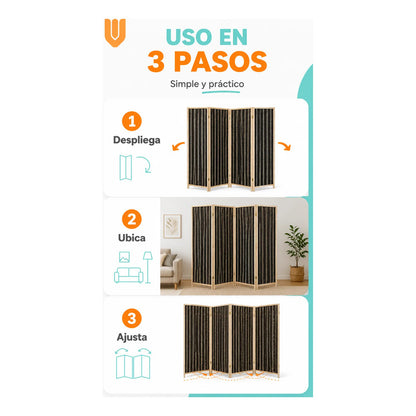 Biombo Separador Ambiente Madera Ratan 4 Paneles 180cm Biombo Ratán Negro Beige 4 Paneles Biombo Ratan Plegable 4 Paneles 180... 180cm