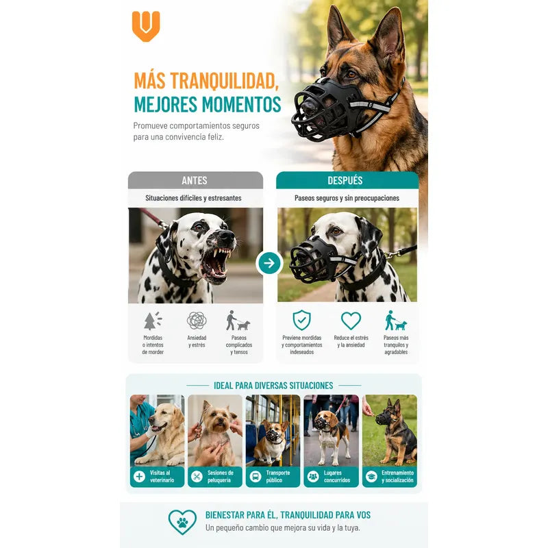 Mascara Canina Anti Mordidas Control Ladrido Comodo Resisten Negro Mediano