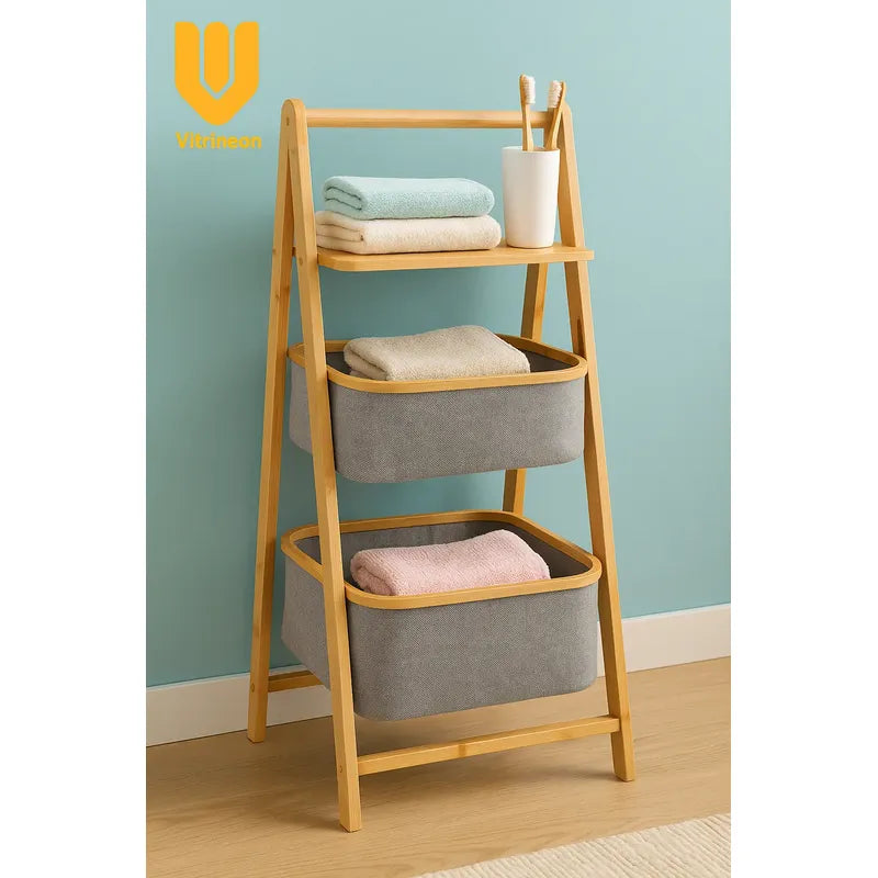 Vitrineon Mueble Bambu Organizador Baño Cestos Tela Estante Marrón Claro
