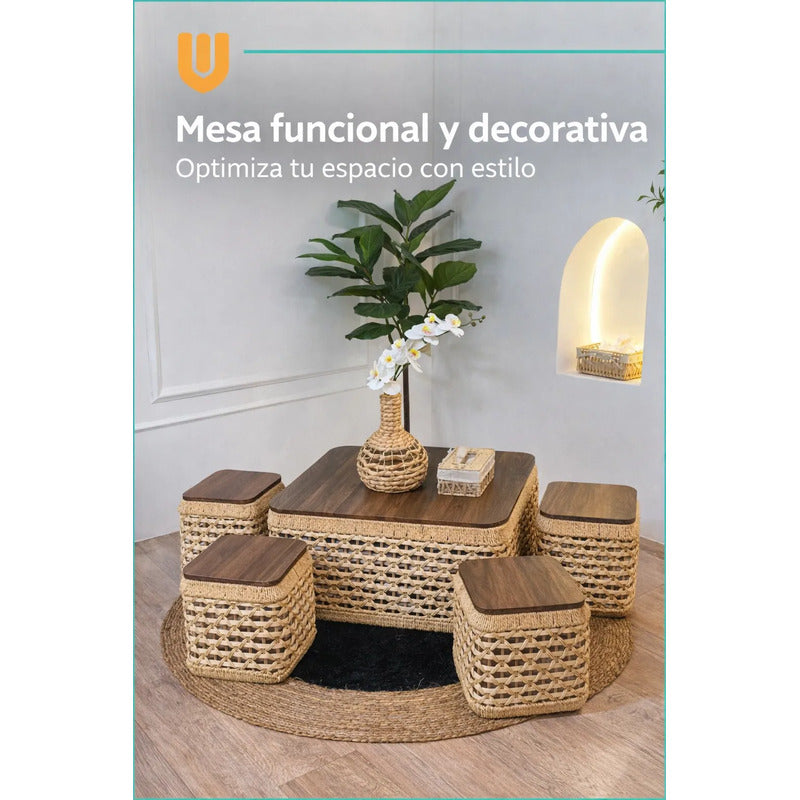 Mesas Centro Nido Ratan Puf 69x69x35 Bambú Madera Natural Marron Claro Natural Bambu Madera Tono Organico Acabado Mate Textura Ratan Visible Estilo Nordico Decoracion Hogar