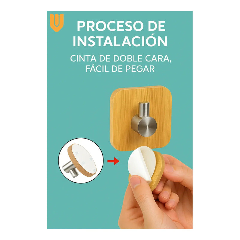 Colgador Perchero Pared Bambu Acero Inoxidable Adhesivo Bambú