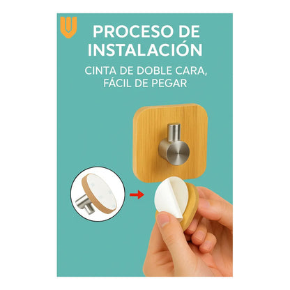 Colgador Perchero Pared Bambu Acero Inoxidable Adhesivo Bambú