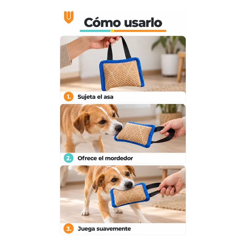 Mordedor Yute Perro Asa Juego Interactivo Adiestramiento Beige Natural Mordedor Canino Yute Asa Negra Cuerpo Compacto Rectangular Juego Interactivo Trama Visible