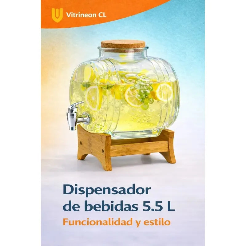 Dispensador Bebidas Vidrio 5,5l Base Bambu Grifo Cocina Hoga Cristal Claro Base Bambú Tonalidad Madera Clara Estetica Escandinava Decoracion Comedor Fiesta Catering Hogar