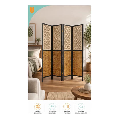 Biombo Separador 4 Puertas Oficina Divisor Ambientes 180 Cm Biombo Decorativo Separador Ambientes Moderno Plegable 4 Paneles Bambú Natural Living Dormitorio Oficina Marrón Negro Beige Bambú...