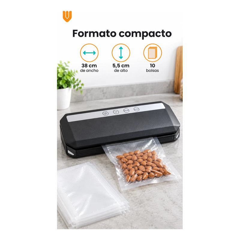 Selladora Vacio 38cm Negra Alimentos Máquina 10 Bolsas Negro Selladora Vacío Alimentos Sellado Empacadora Envasadora Bolsas Texturizadas Cocina Porciones Organización