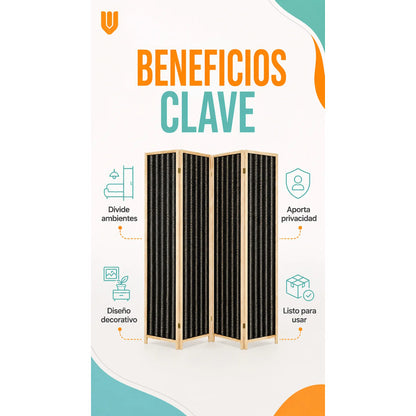 Biombo Separador Ambiente Madera Ratan 4 Paneles 180cm Biombo Ratán Negro Beige 4 Paneles Biombo Ratan Plegable 4 Paneles 180... 180cm