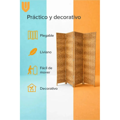 Biombo Separador Oficina Ambientes Divisor 4 Puertas 180 Cm Geométrico Marrón Claro