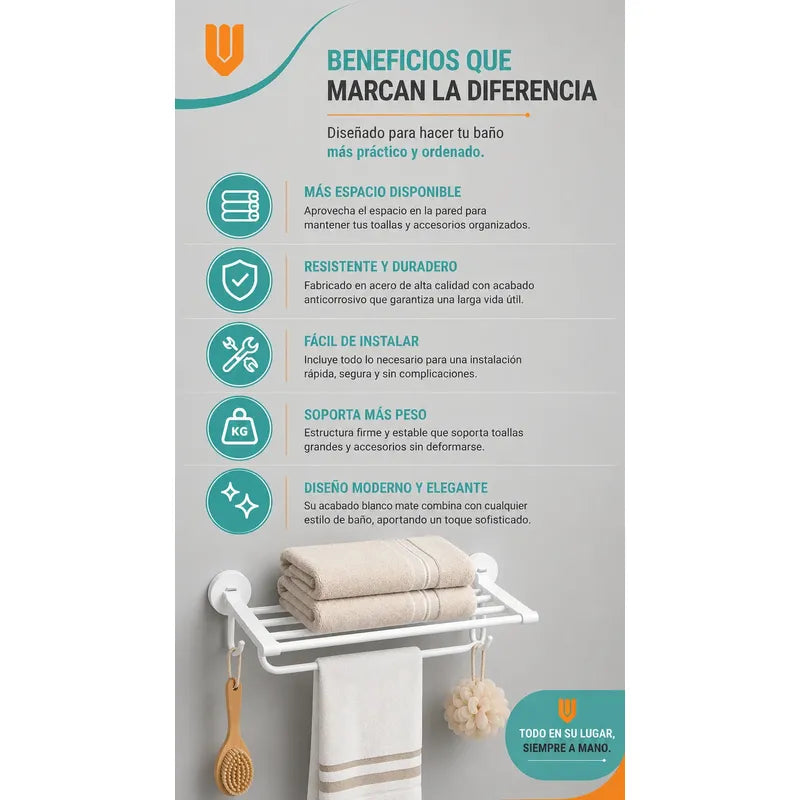 Toallero Soporte Organizador Baño Aluminio Estante Toallas Blanco