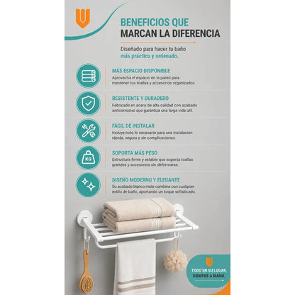 Toallero Soporte Organizador Baño Aluminio Estante Toallas Blanco