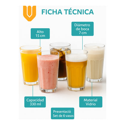 Vitrineon Vasos Vidrio 330 Ml Set 6 Jugos Cervezas Bebidas