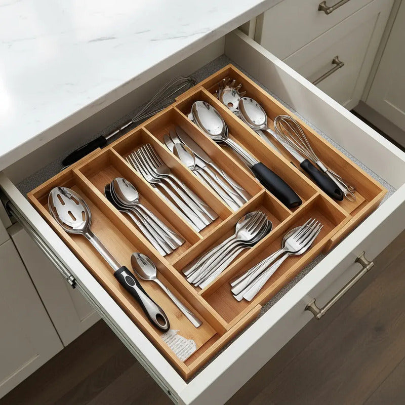 Organizador Cubiertos Bambú Expandible Cajón Cocina Ajustabl Bambú