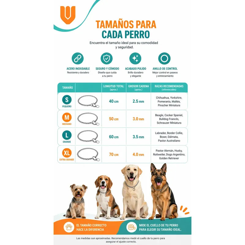 Collar Metalico Fuerte Argolla Seguridad Paseo Firme Mascota Plateado 50cm