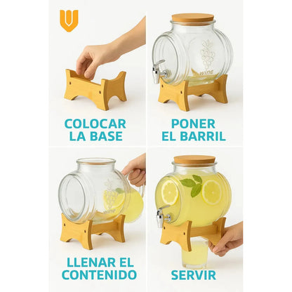 Dispensador Vidrio 5l Base Bambu Jugo Agua Refrescos Transparente/bambu