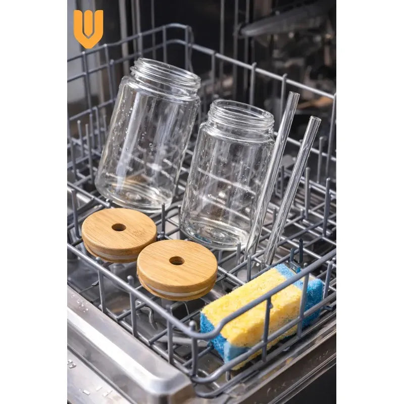 Set 2 Vasos Vidrio Cristalino 630ml Bombilla Vidrio Rigido Set 2 Vasos Vidrio Transparente Tapa Bambu Bombilla Vidrio Reutilizable Apto Lavavajillas Estilo Vintage Hogar Cocina Transparente