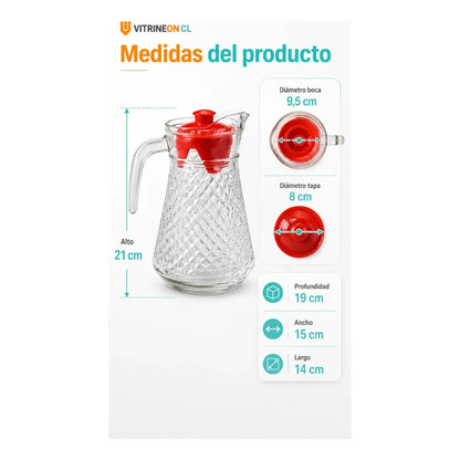 Jarra Vidrio Jugo Agua Decorativa Bebidas Cocteles Frio 1l Transparente Tapa Roja Jarra Vidrio 1 Litro Agua Jugos Bebidas Té... 1 Litro Jarra Refrigerador