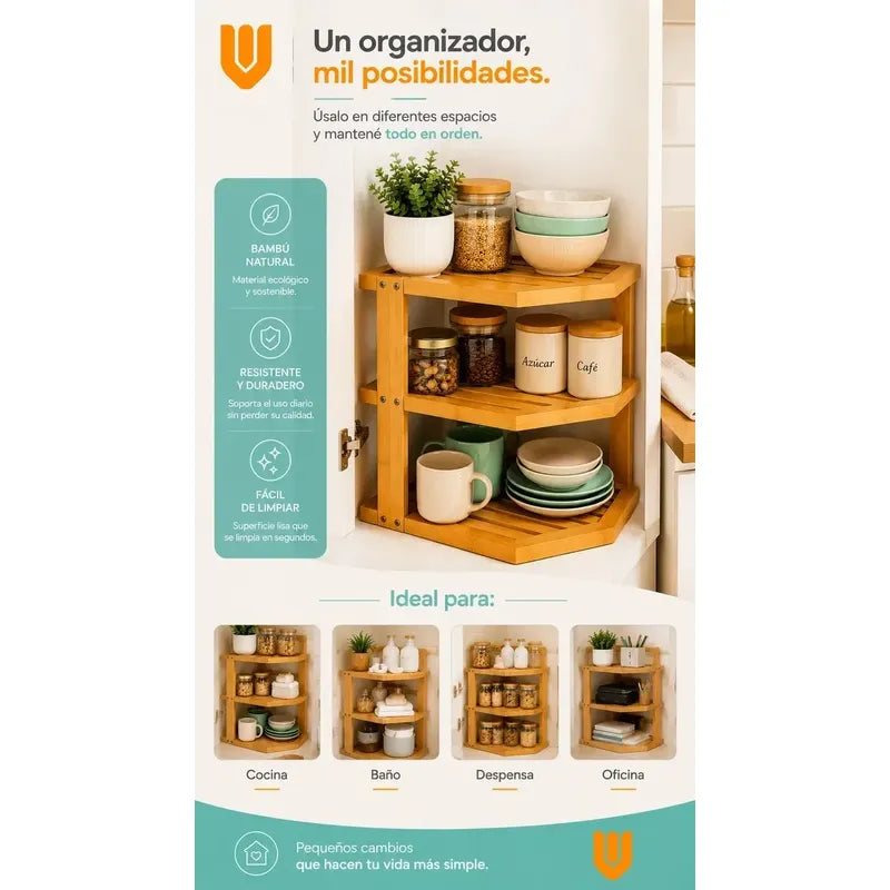 Almacenador 3 Niveñes Cocina Baño Espacios Reducidos Hogar M Marron Claro Bambu Natural Nordico Minimalista Elegante Moderno Cocina Baño Hogar Compacto Premium