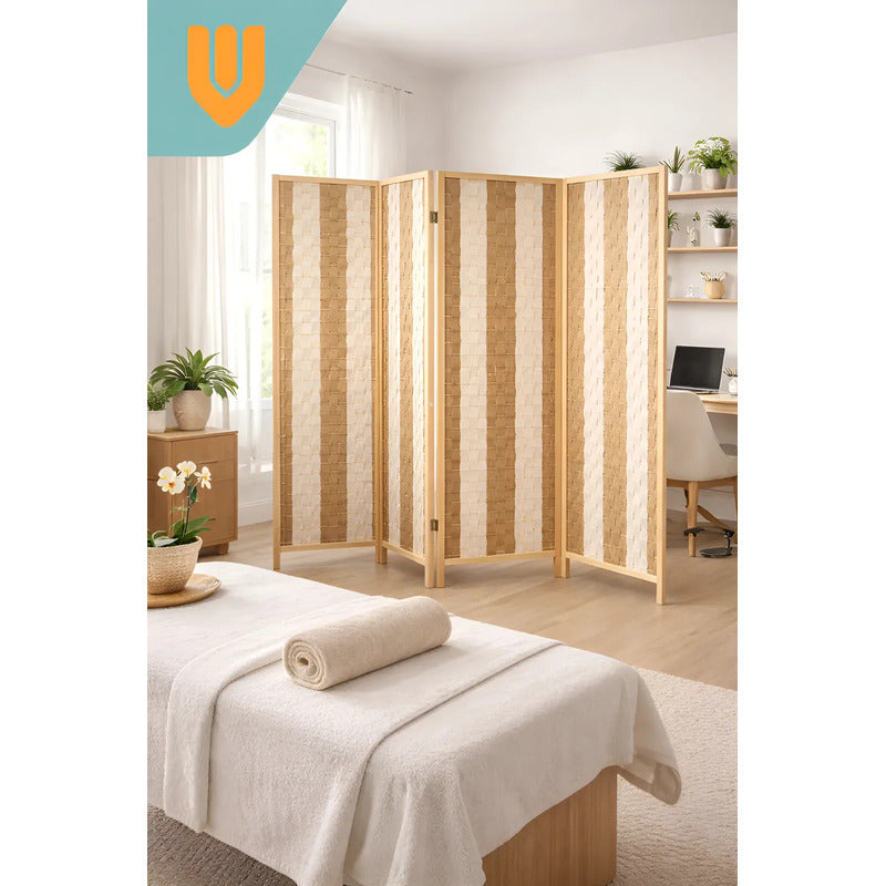 Biombo Oficina Ambientes Separador Divisor 4 Puertas 180 Cm Lisa Blanco/marron