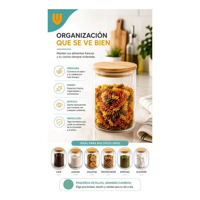 Frasco Hermético Contenedor Vidrio Tapa Bambu Gourmet 200 Ml 2 Unidades
