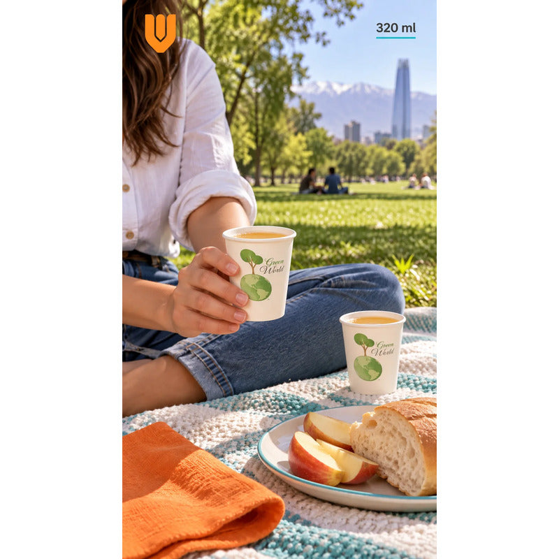 20und Vasos Carton Desechables 320ml Cafe Compostables Jugo Blanco Desechables Biodegradables 320 Ml 20 Unidades Blanco Estampado Verde Árbol Globo Terráqueo Apilables 20und-320ml