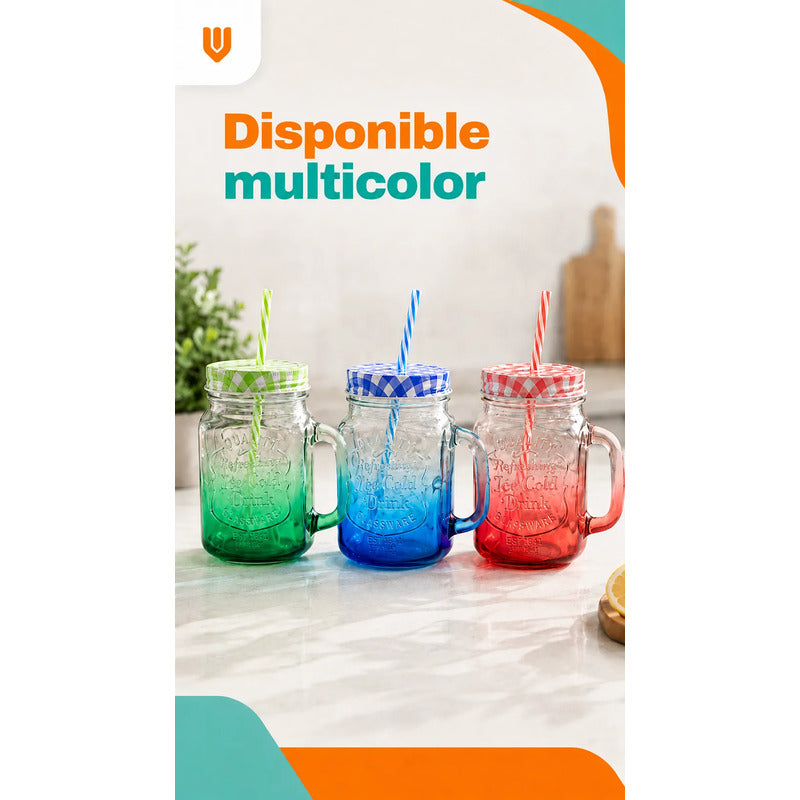 Vaso Bombilla Tapa Vidrio 400ml Reutilizable Multicolor Vaso Translúcido 400 Ml Vidrio Mango Tapa Bombilla Multicolor Bebidas Frías Jugos Cócteles Batido Reutilizable 400ml