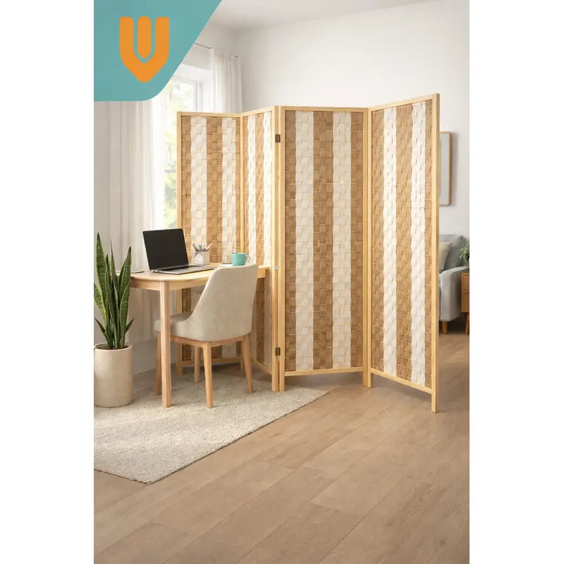 Biombo Oficina Ambientes Separador Divisor 4 Puertas 180 Cm Lisa Blanco/marron