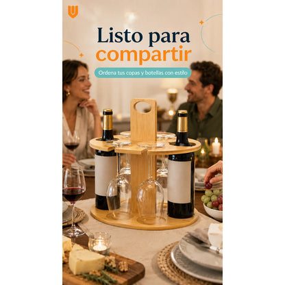 Rack Soporte Porta Vino Copas Organizador Madera Bambu Mader Bambú Mediano