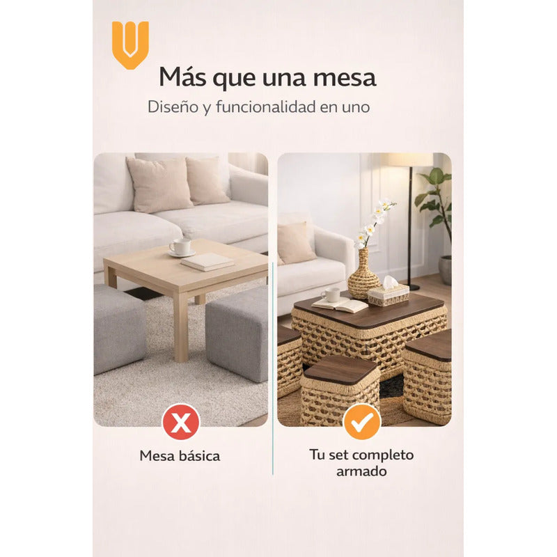 Mesas Centro Nido Ratan Puf 69x69x35 Bambú Madera Natural Marron Claro Natural Bambu Madera Tono Organico Acabado Mate Textura Ratan Visible Estilo Nordico Decoracion Hogar