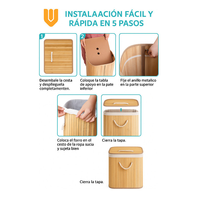 Cesto Ropa Bambu Tapa Resistente Organizador Hogar 30x40x50