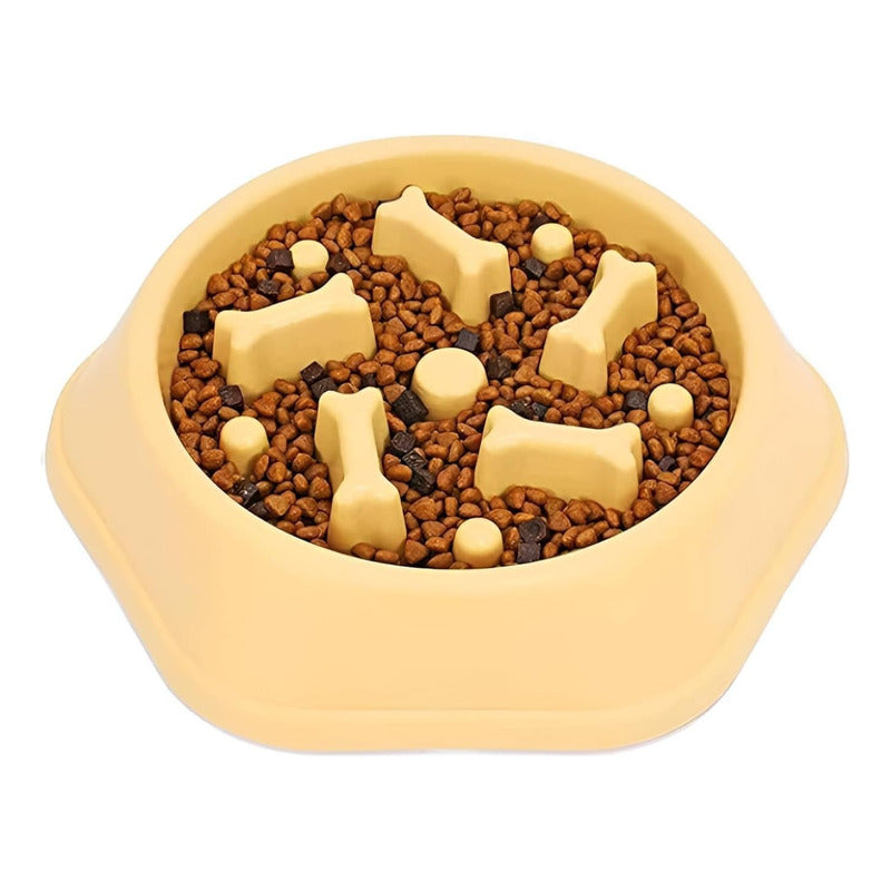 Per-ros Plato De Comida Antiansiedad Mascotas Huesitos Perros Gatos Color Amarillo