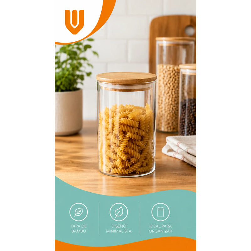 Frasco Vidrio Hermetico Bambu Conservero Hogar Cocina 500 Ml 10 Unidades Transparente Natural Bambú Cristal Claro Minimalista Cocina Gourmet Organizacion Moderna Elegante Premium