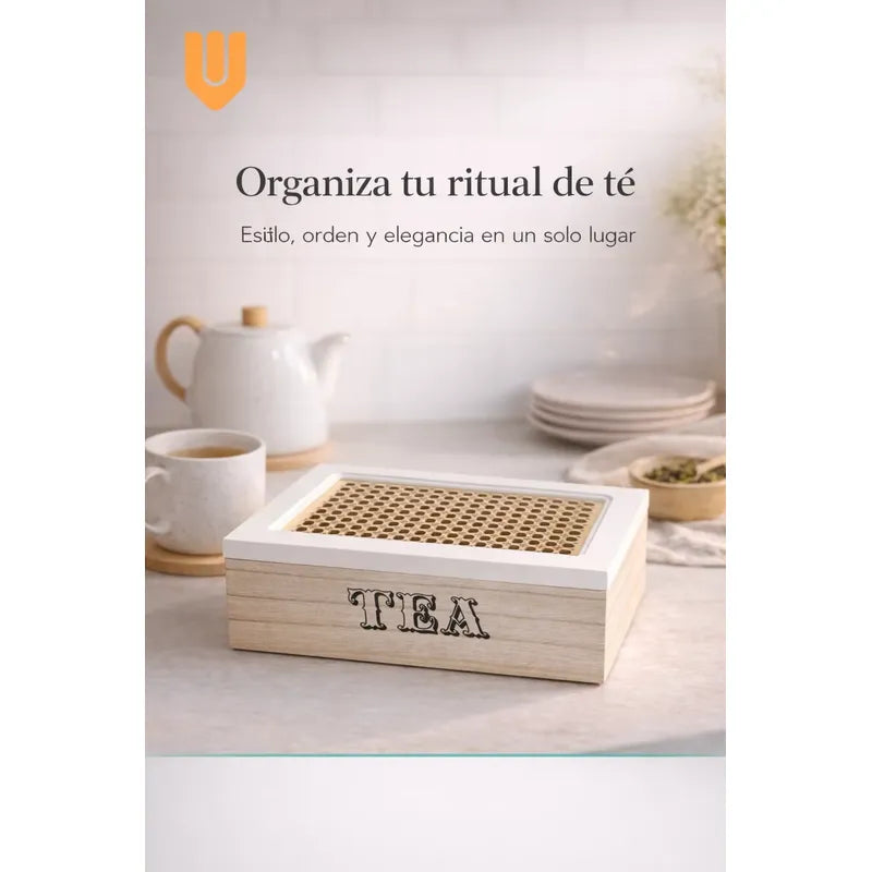 Caja Te Madera 6 Compartimentos Tapa Tejida Bambu Cocina Tono Madera Oscura Natural Acabado Elegante Estilo Nordico Moderno Decorativo Vetas Visibles Premium Cocina Hogar Estetica Calida