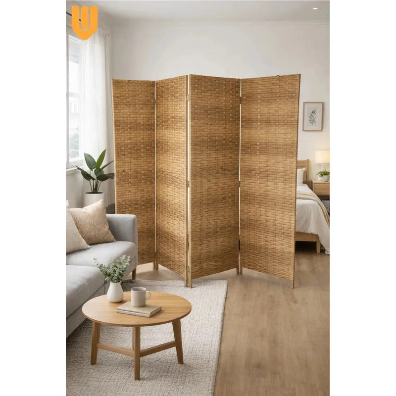 Biombo Separador Oficina Ambientes Divisor 4 Puertas 180 Cm Geométrico Marrón Claro