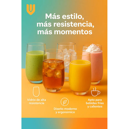 Set 6 Vasos Alto Vidrio Resistente 520ml Ideal Jugo Malteada Transparente