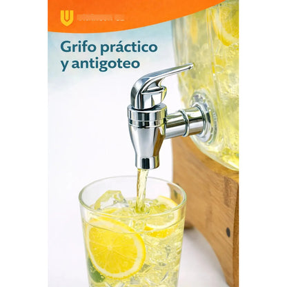 Dispensador Jugo Agua Soporte Bambu Vidrio Frasco Bebidas 3l Transparente/bambu