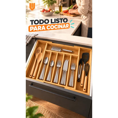 Organizador Cubiertos Cajón Bambú Expandible 8 Compartimento Organizador Cubiertos Bambú Expandible Cajón Cocina Cubertero Bandeja Ajustable Portacubiertos Utensilios Orden Hogar