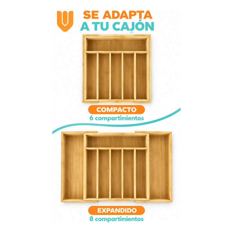 Organizador Cubiertos Cajón Bambú Expandible 8 Compartimento Organizador Cubiertos Bambú Expandible Cajón Cocina Cubertero Bandeja Ajustable Portacubiertos Utensilios Orden Hogar