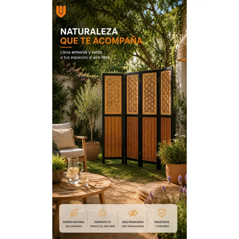 Biombo Separador 4 Puertas Oficina Divisor Ambientes 180 Cm Biombo Decorativo Separador Ambientes Moderno Plegable 4 Paneles Bambú Natural Living Dormitorio Oficina Marrón Negro Beige Bambú...