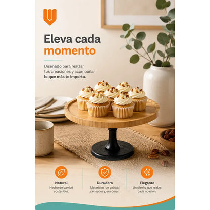 Base Torta Pedestal Cupcakes Stand Bambú Redondo Eventos Bambú Natural Tono Madera Claro Cálido Acabado Ecológico Premium Visible Estilo Nórdico Elegante Fiesta Postres Cupcakes