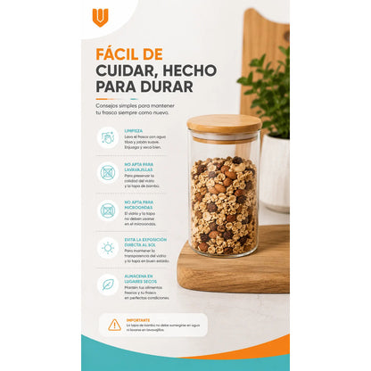 Frasco Vidrio Cocina Hermetico Cilindrico Tapa Bambu 400 Ml 5 Unidades