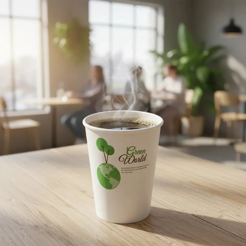 100 Vasos Cafeteria Bebidas Calientes Invierno Te Cafe 235ml Blanco Verde Natural Eco Biodegradable Compostable Sostenible Resistente Calor Antifugas Uso Cafeteria Bebidas Calientes Frias