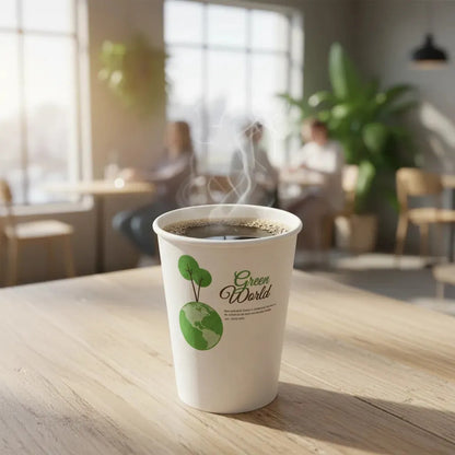 100 Vasos Cafeteria Bebidas Calientes Invierno Te Cafe 235ml Blanco Verde Natural Eco Biodegradable Compostable Sostenible Resistente Calor Antifugas Uso Cafeteria Bebidas Calientes Frias