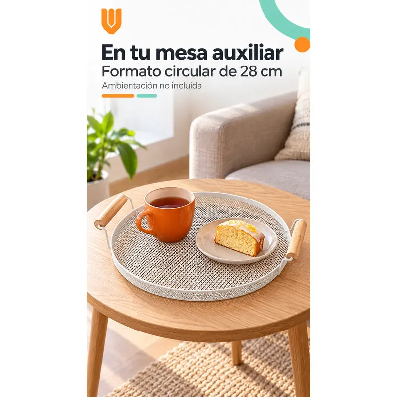 Bandeja Circular Metal Blanco Asas Madera Desayuno 28cm Blanco Bandeja Circular Redonda Malla Metal Asas Madera Base Calada Borde Bajo Servicio Desayuno Once Café Té Cocina 28cm