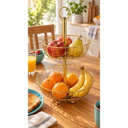Frutero Mesa Hierro Dorado 2 Niveles 43cm Canasto Cestas Dorado Frutero Doble Dorado Dos Niveles Cestas Circulares Abiertas Soporte Central Argolla Superior Alto 43cm Diseño 43x28