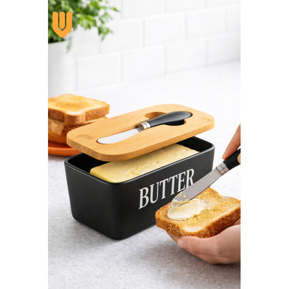 Mantequillero Ceramica Tapa Bambu Cuchillo Mantequilla Bambu