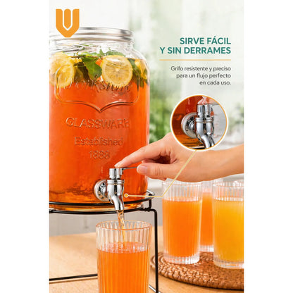 Dispensador Frasco Jugo Agua 5l + Set 6 Vasos Vidrio Tallado Transparentes