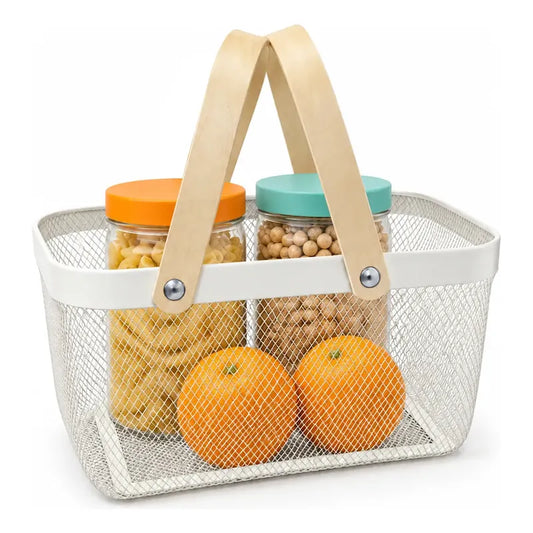 Canasta Organizadora Metal Blanco Asas Madera 40x24x19 Cm Blanco Canasta Organizadora Canasto Cesta Metal Asas Madera Malla Romboidal Orden Textiles Frutas Cocina Baño Clóset