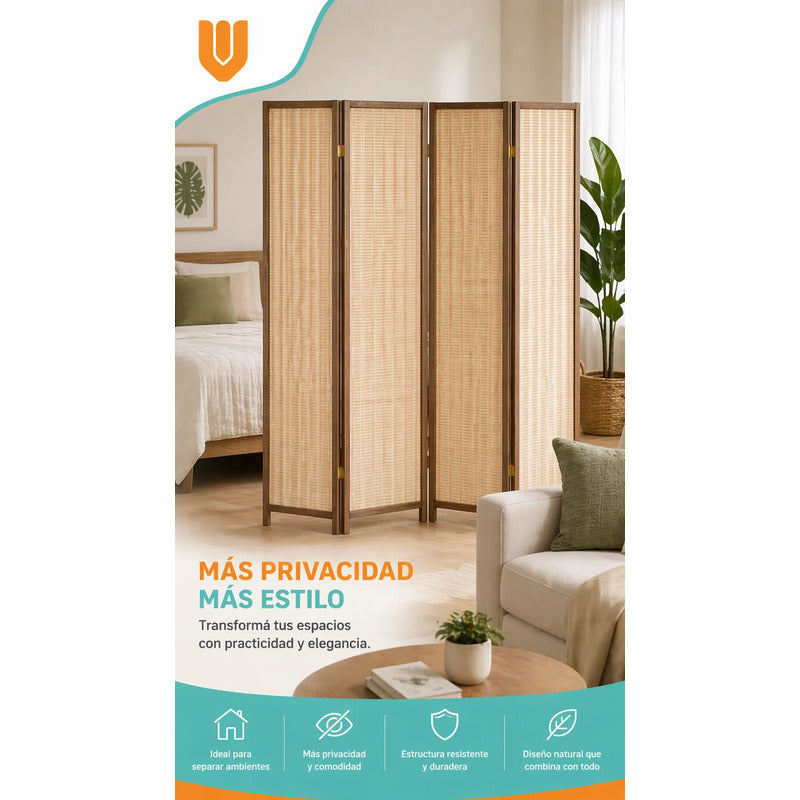 Biombo Decorativo Moderno Estructura Madera Estilo Funcional Biombo Tela Trenzada Panel Plegables Decoración Interior Elegante Divisor Ambientes Estilo Contemporáneo Funcional Hogar Beige