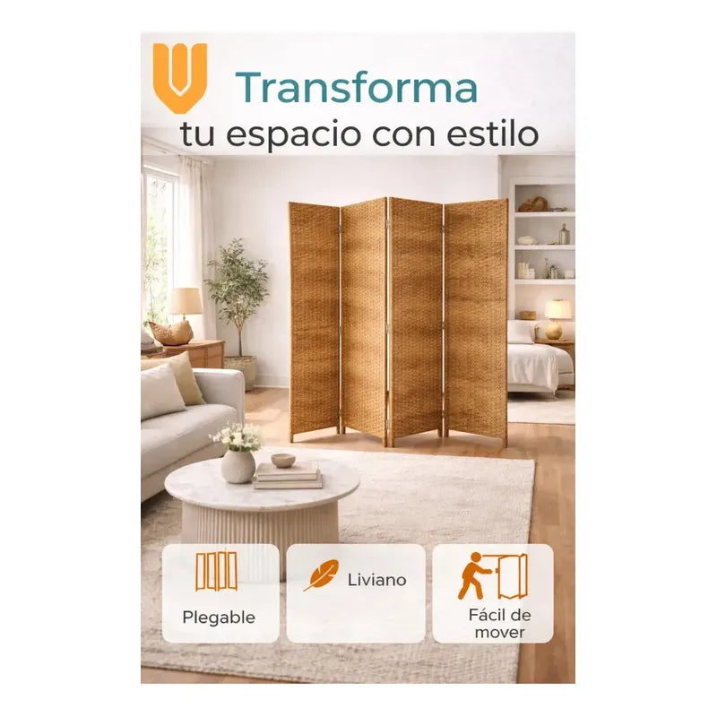 Biombo Divisor Ambientes Oficina Separador 4 Puertas 180 Cm Marron Claro Ratan Natural Tono Madera Beige Calido Decorativo Neutro Elegante Moderno Hogar Oficina Estilo Nordico Geometrico Ratan...