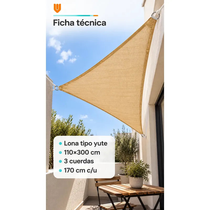 Toldo Vela Triangular Lona Tipo Yute 110x300 Cm 3 Cuerdas Beige Arena Claro Dorado Suave Tonalidad Cálida Bordes Costuras Al Tono Cintas Cuerdas Blancas Argollas Plateadas 110x300 Cm